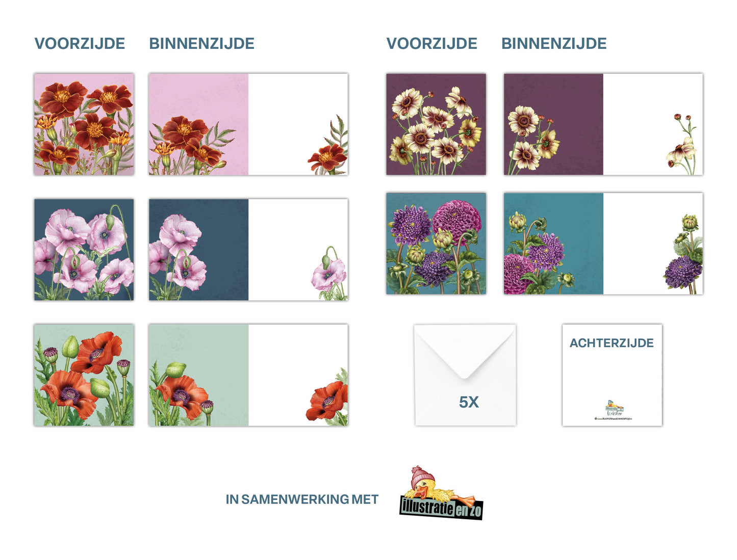 Wenskaarten Bloemen | Set van 5 met enveloppen