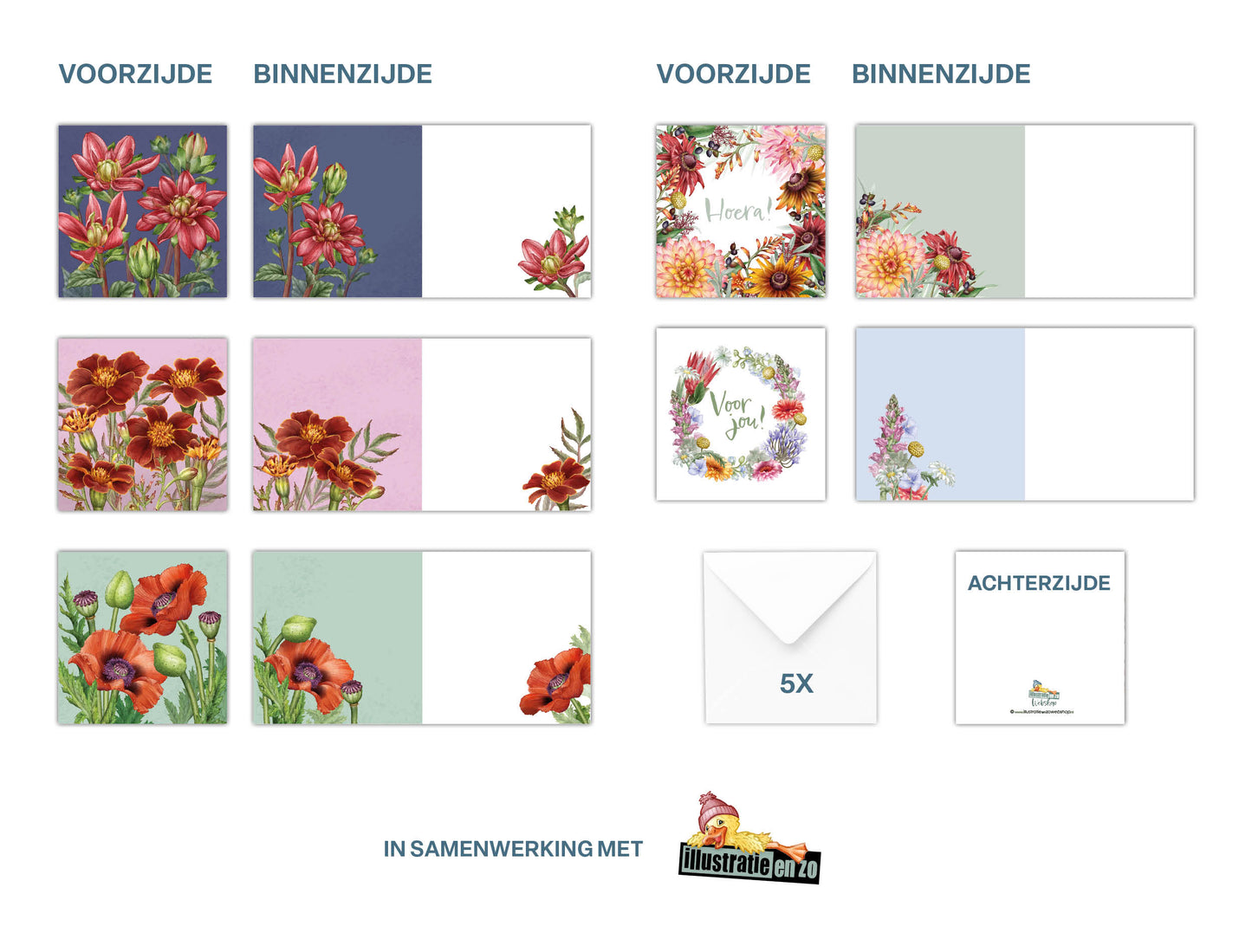 Wenskaarten Bloemen en Tekst | Set van 5 met enveloppen