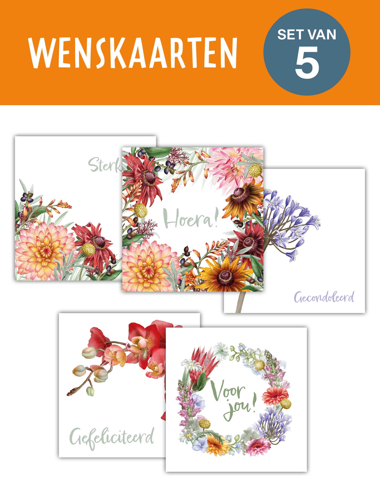 Wenskaarten Tekst | Set van 5 met enveloppen