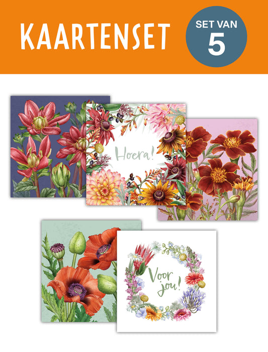 Wenskaarten Bloemen en Tekst | Set van 5 met enveloppen